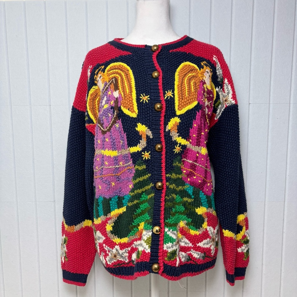 Cardigan Bay Vintage Angel Pattern Knitted by Hand Cardigan Christmas  Sweater L